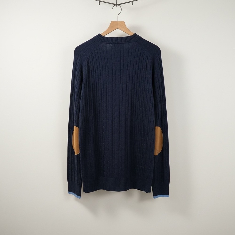 Born Mens Silk Cashmere Blend Cable Knit Sweater Navy Blue Elbow Patches XXL